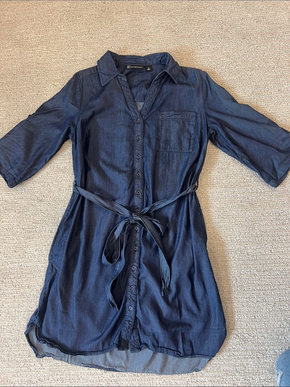 New York & Company Denim Navy Button-Front Shirt Dress with Tie Waist